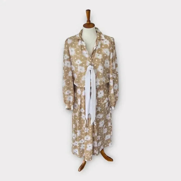 Maree Dresses & Skirts - VTG Maree Womens Floral Tan Secretary Dress Sz 12 Structured Retro 80s Twee
